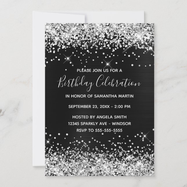 Silver Glitter Black Foil Birthday Firation Inbjudningar (Framsida)