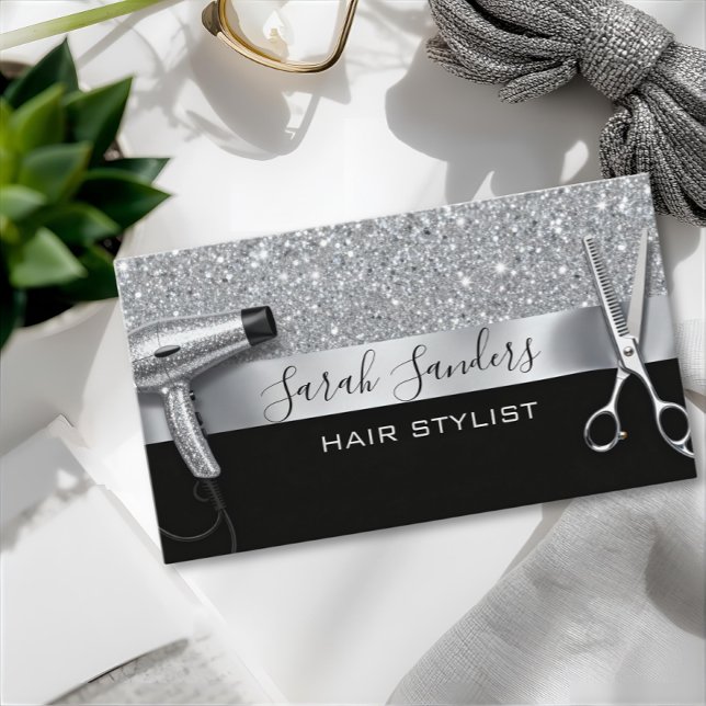 Silver Glitter & Black Glam Hair Stylist Visitkort (Skapare uppladdad)