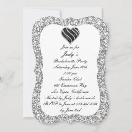 Silver Glitter Black Heart Bachelorette Party Inbjudningar