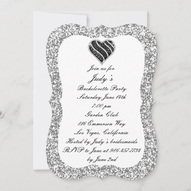 Silver Glitter Black Heart Bachelorette Party Inbjudningar (Framsida)