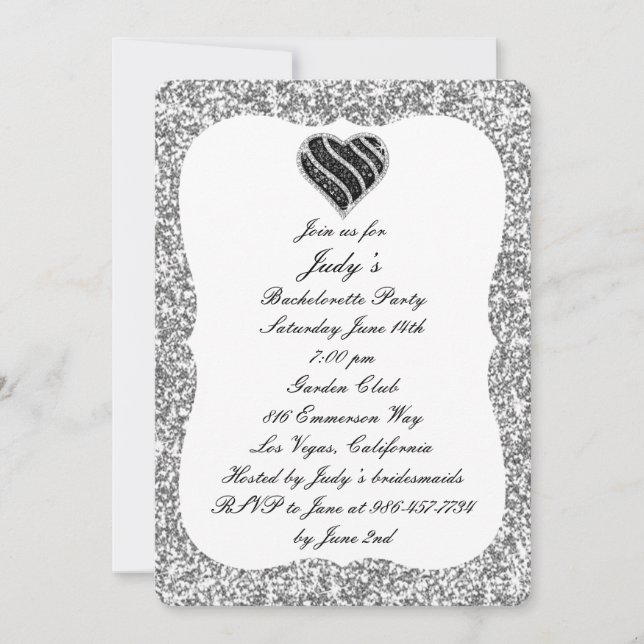 Silver Glitter Black Heart Bachelorette Party Inbjudningar (Framsida)