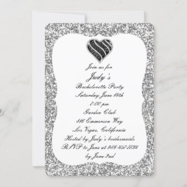 Silver Glitter Black Heart Bachelorette Party Inbjudningar