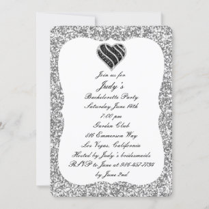 Silver Glitter Black Heart Bachelorette Party Inbjudningar