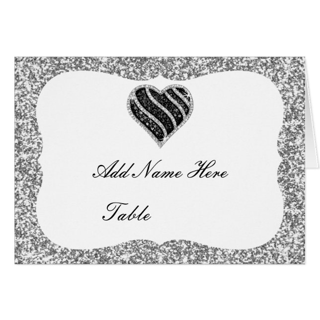 Silver Glitter Black Heart Bord-platskort OBS Kort (Framsidan Horizontal)