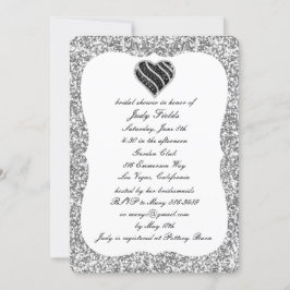 Silver Glitter Black Heart Möhippa Inbjudan