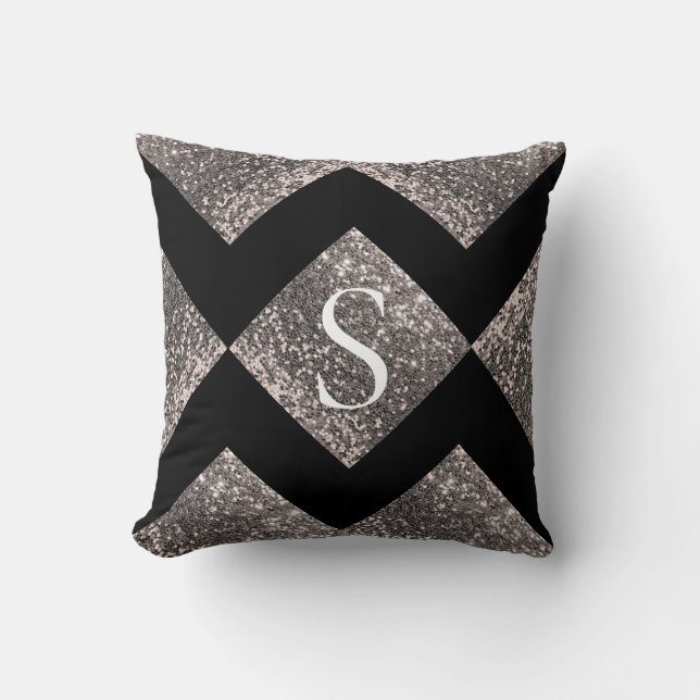 Silver Glitter Black Monogram Bling Chic Kudde (Framsida)