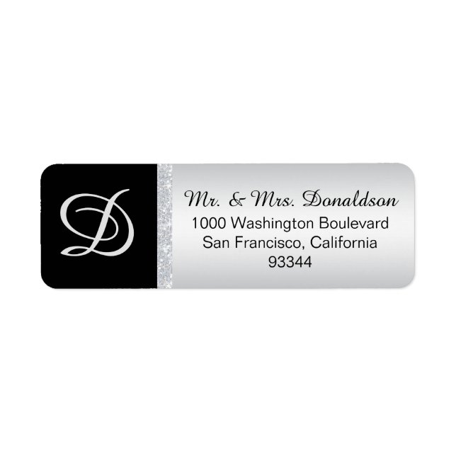Silver Glitter Black Monogram Brev Initial Returadress Etikett (Framsidan)