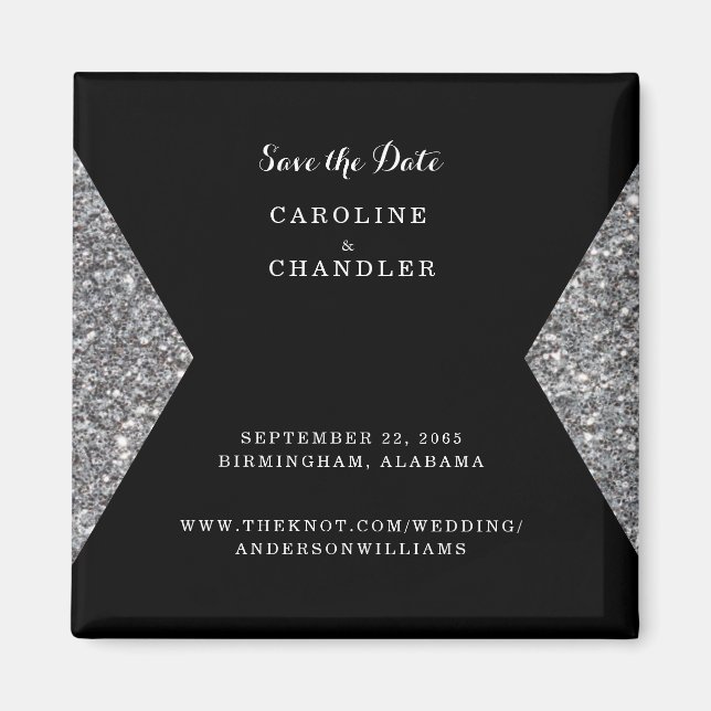 Silver Glitter & Black Photo Bröllop Spara Dat Magnet (Framsidan)