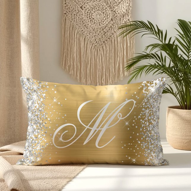 Silver Glitter Blank Glänsande Guld Folie Elegant  Lumbarkudde (Silver Glitter Shiny Gold Foil Fancy Monogrammed Lumbar Pillow)