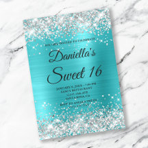 Silver Glitter Blank Turkos Blå Folie Sweet 16