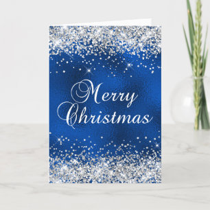 Silver Glitter Blått Glas Merry Christmas Kort