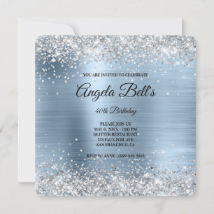 Silver Glitter Blek Blue Foil Finare Monogram Inbjudningar