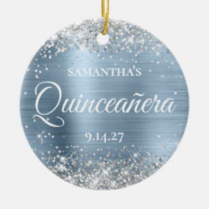 Silver Glitter Blek Blue Quinceañera Photo Julgransprydnad Keramik