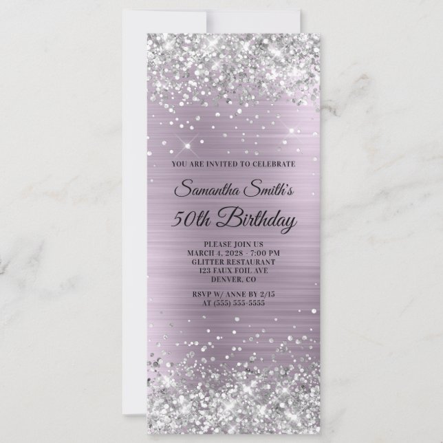 Silver Glitter Blek Lavender Foil 50:e födelsedage Inbjudningar (Framsida)