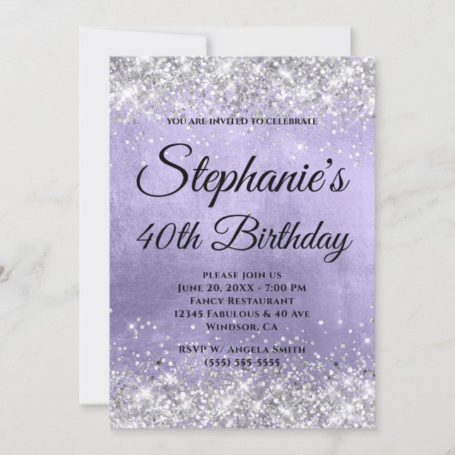 Silver Glitter Blek Lavender Foil Finare Monogram Inbjudningar (Framsida)