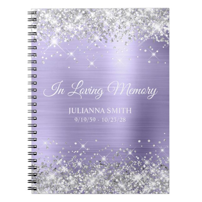 Silver Glitter Blek Lavender Memorial Guestbook Anteckningsbok (Framsidan)