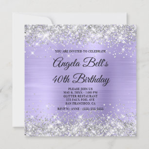 Silver Glitter Blek Lavender Shimmer Foil Monogram Inbjudningar