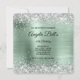 Silver Glitter Blek Mint Foil Finare Monogram Inbjudningar