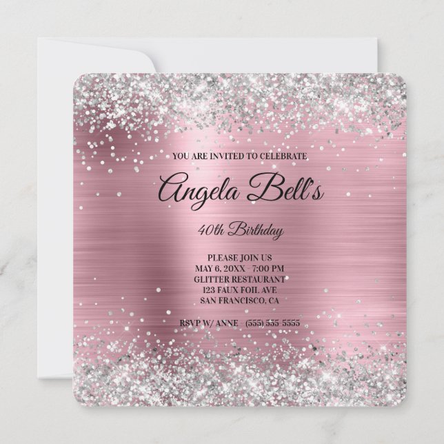 Silver Glitter Blek Rosa Foil Finare Monogram Inbjudningar (Baksida)