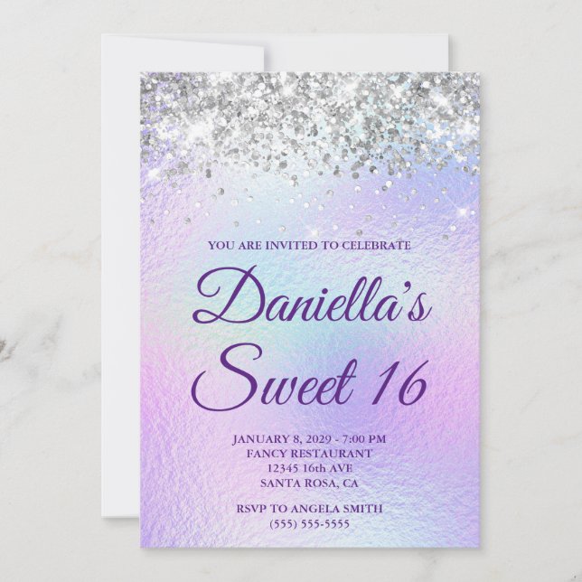 Silver Glitter Blekt Iriserande Folie Sweet 16 Inbjudningar (Framsida)