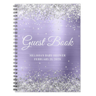 Silver Glitter Blekt Lavendel Bebis Shower Gästbok Anteckningsbok