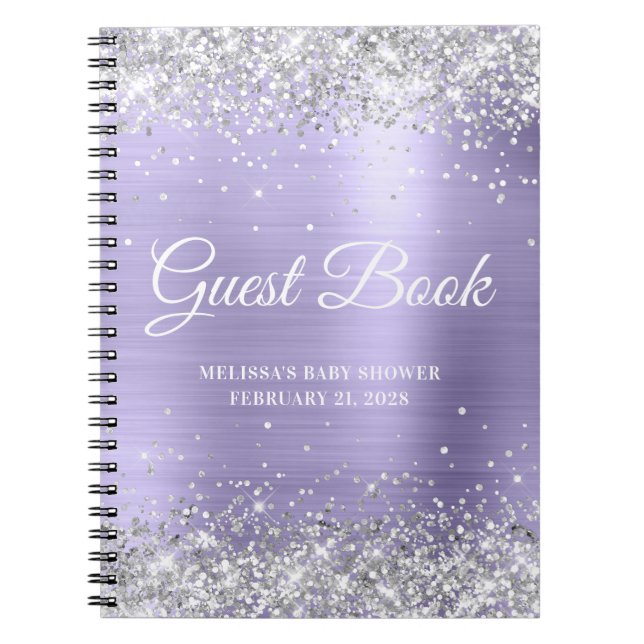 Silver Glitter Blekt Lavendel Bebis Shower Gästbok Anteckningsbok (Framsidan)