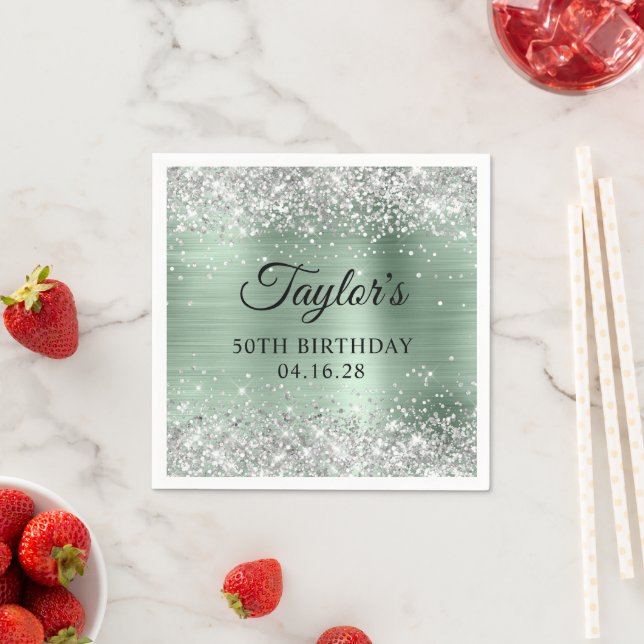 Silver Glitter Blekt Mint Folie 50-årsdag Pappersservett (Insitu)