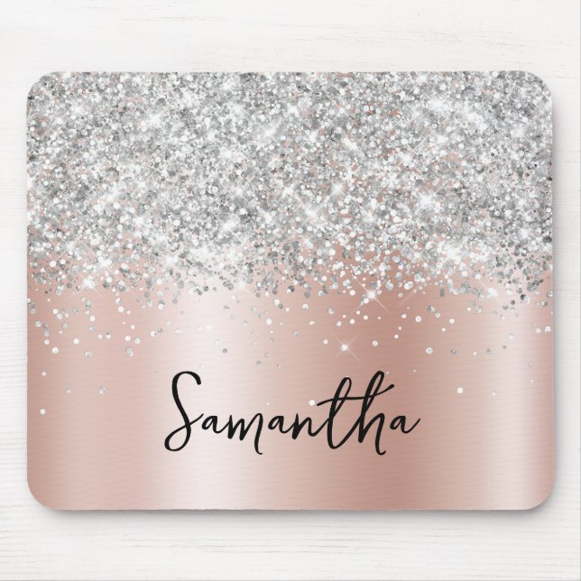 Silver Glitter Blekt Rosa Guldskimrande Namn Musmatta (Framsidan)