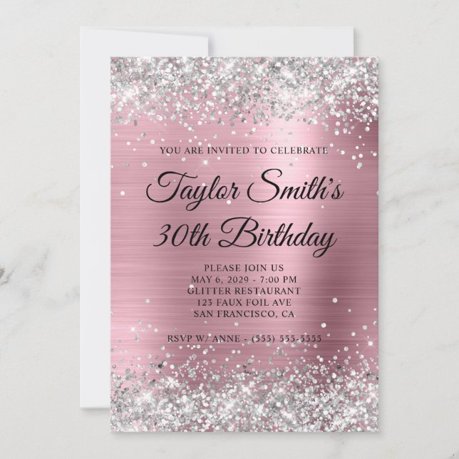 Silver Glitter Blekt Rosa Monogram 30-årsdag Inbjudningar (Framsida)