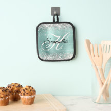 Silver Glitter Blekt Turkos Folie Fancy Monogram