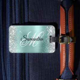 Silver Glitter Blekt Turkos Folie Snygg Monogram Bagagebricka