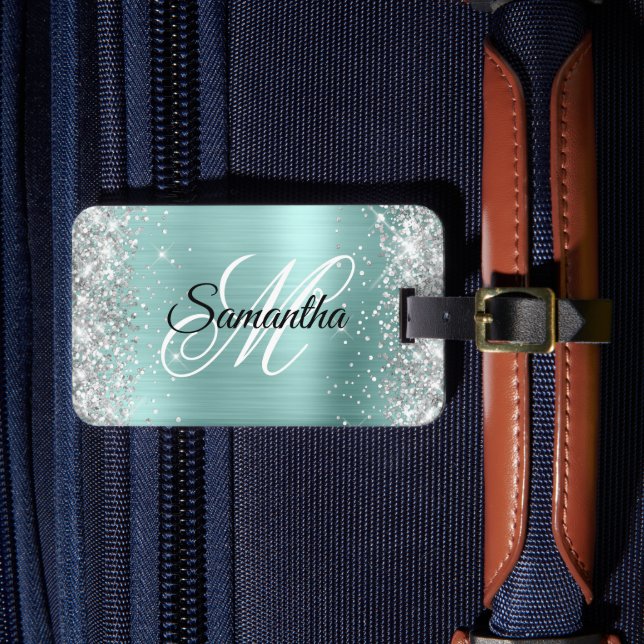 Silver Glitter Blekt Turkos Folie Snygg Monogram Bagagebricka (Framsida Insitu 4)