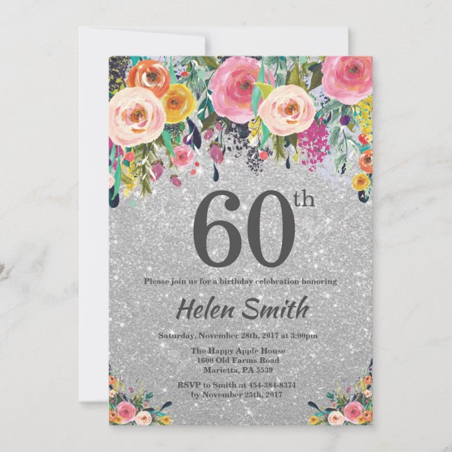 Silver Glitter Blommig 60-års Födelsedagsinbjudan Inbjudningar (Framsida)