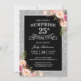 Silver Glitter Blommigt 25:e överraskande Födelsed Inbjudningar