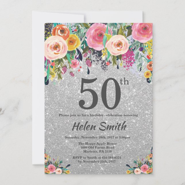 Silver Glitter Blommigt 50:e födelsedagsinbjudan Inbjudningar (Framsida)
