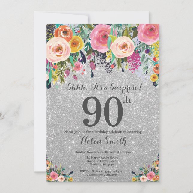 Silver Glitter Blommigt Överraskande 90:e födelsed Inbjudningar (Framsida)
