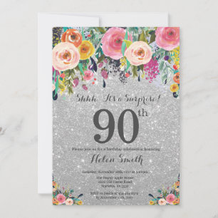 Silver Glitter Blommigt Överraskande 90:e födelsed Inbjudningar