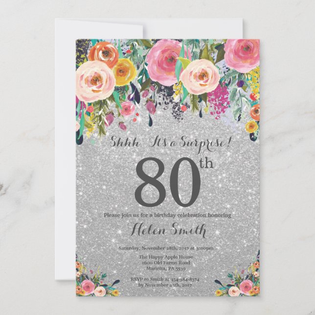 Silver Glitter Blommigt Surprise 80:e födelsedagen Inbjudningar (Framsida)