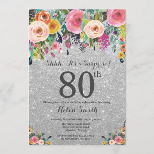 Silver Glitter Blommigt Surprise 80:e födelsedagen Inbjudningar