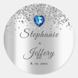 Silver Glitter Blue Heart Gnistra Bröllop Runt Klistermärke