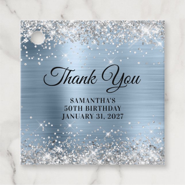 Silver Glitter Blue Monogram Birthday Tack Gåvor Etiketter (Framsida)