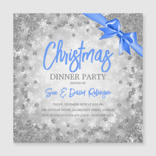 Silver Glitter Blue Ribbon jul Inbjudan