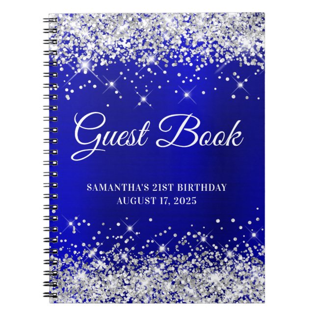 Silver Glitter Blue Satin 21:a födelsedagsboken Anteckningsbok (Framsidan)
