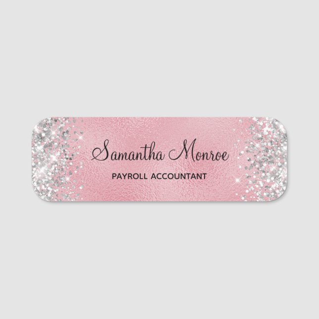 Silver Glitter Blush och Rosa Folie Titel Namnbricka (Framsida)