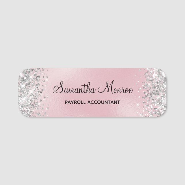 Silver Glitter Blush Rosa Folie Titel Namnbricka (Framsida)