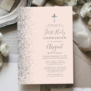 Silver Glitter Blush Rosa Första Kommunion Inbjudningar