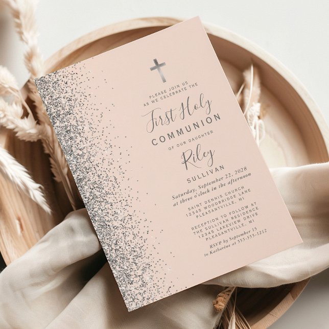 Silver Glitter Blush Rosa Första Nattvarden Inbjudningar (Skapare uppladdad)