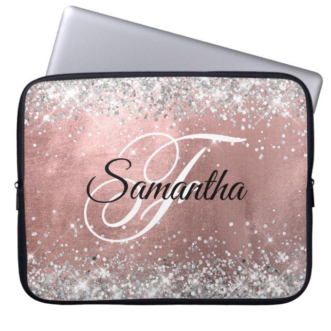 Silver Glitter Blush Rose Gold Ombre Folie Monogra Laptop Fodral (Framsidan)