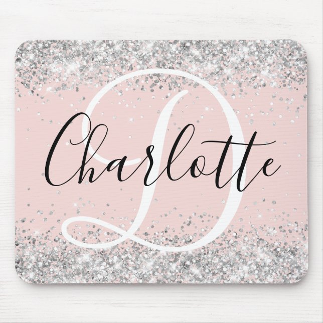 Silver Glitter Blush Svart och Vit Monogram Musmatta (Framsidan)