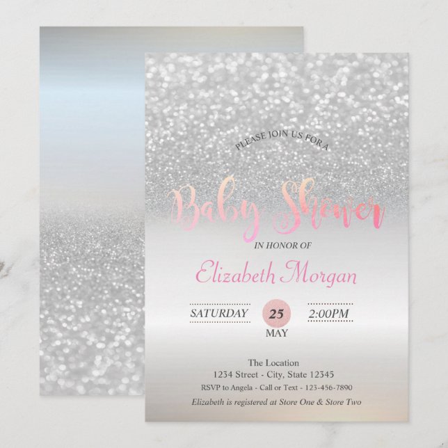 Silver Glitter Bokeh Baby Shower-inbjudan Inbjudningar (Fram/baksida)